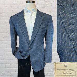 Vintage Ermenegildo Zegna Mens 48L French Blue Beige Waffle Plaid Casual Blazer